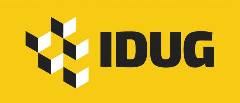 Yellow background with 5 blocks right of "IDUG"